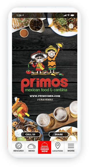 Primo's Mexican Food & Cantina app screen. Features logo with cartoon characters, food and drinks, and menu options.