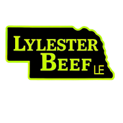 Lylester Beef logo in shape of Nebraska state, black and lime green text on black.