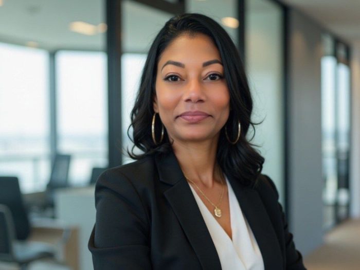 A woman is sitting at a desk with a laptop and a vase of flowers.