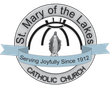 St. Mary of the Lakes Catholic Church logo with blue ribbon reading “Serving Joyfully Since 1912”