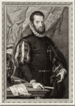 Black-and-white portrait engraving of a bearded man in Renaissance clothing at a desk with books and papers