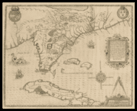 Sepia-toned antique map showing a coastline, islands, mountains, and a decorative legend panel