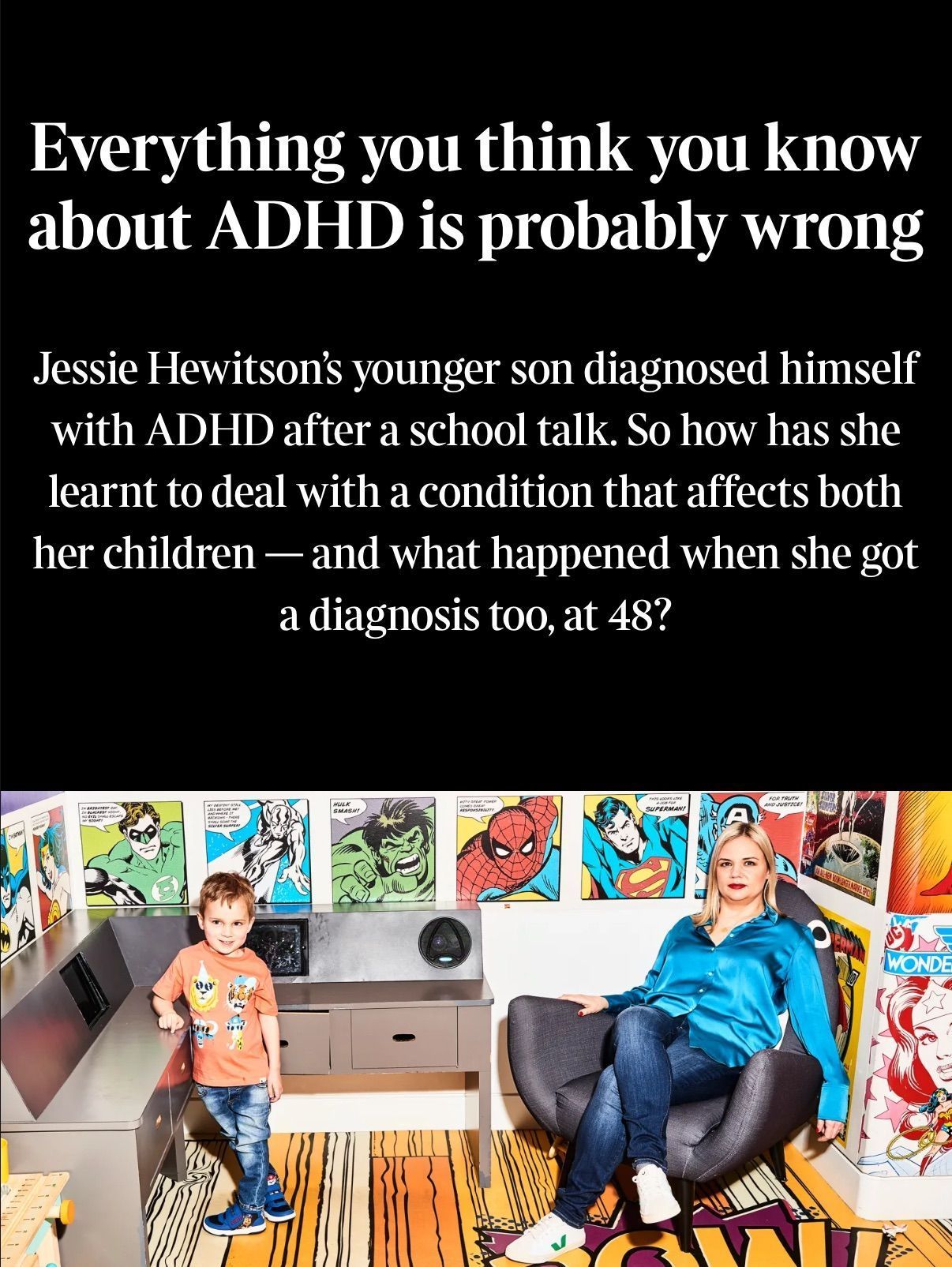 Article about ADHD. Jessie Hewitson and a child in a room with comic book decor.