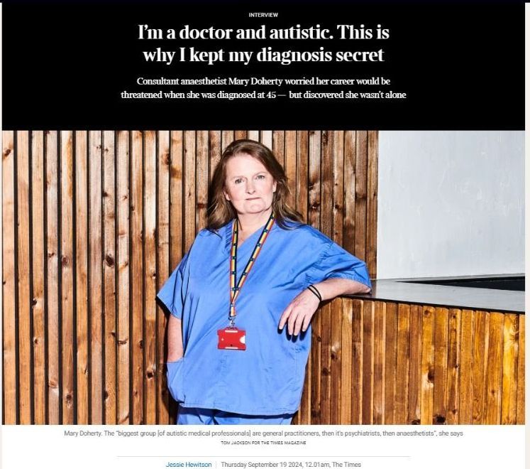 Doctor in scrubs with ID tag, leaning against wooden paneling. Headline: 