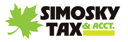 Logo for Simosky Tax & Acct. with a green maple leaf and text in black and green.