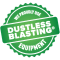 A green sticker that says `` we proudly use dustless blasting equipment ''.