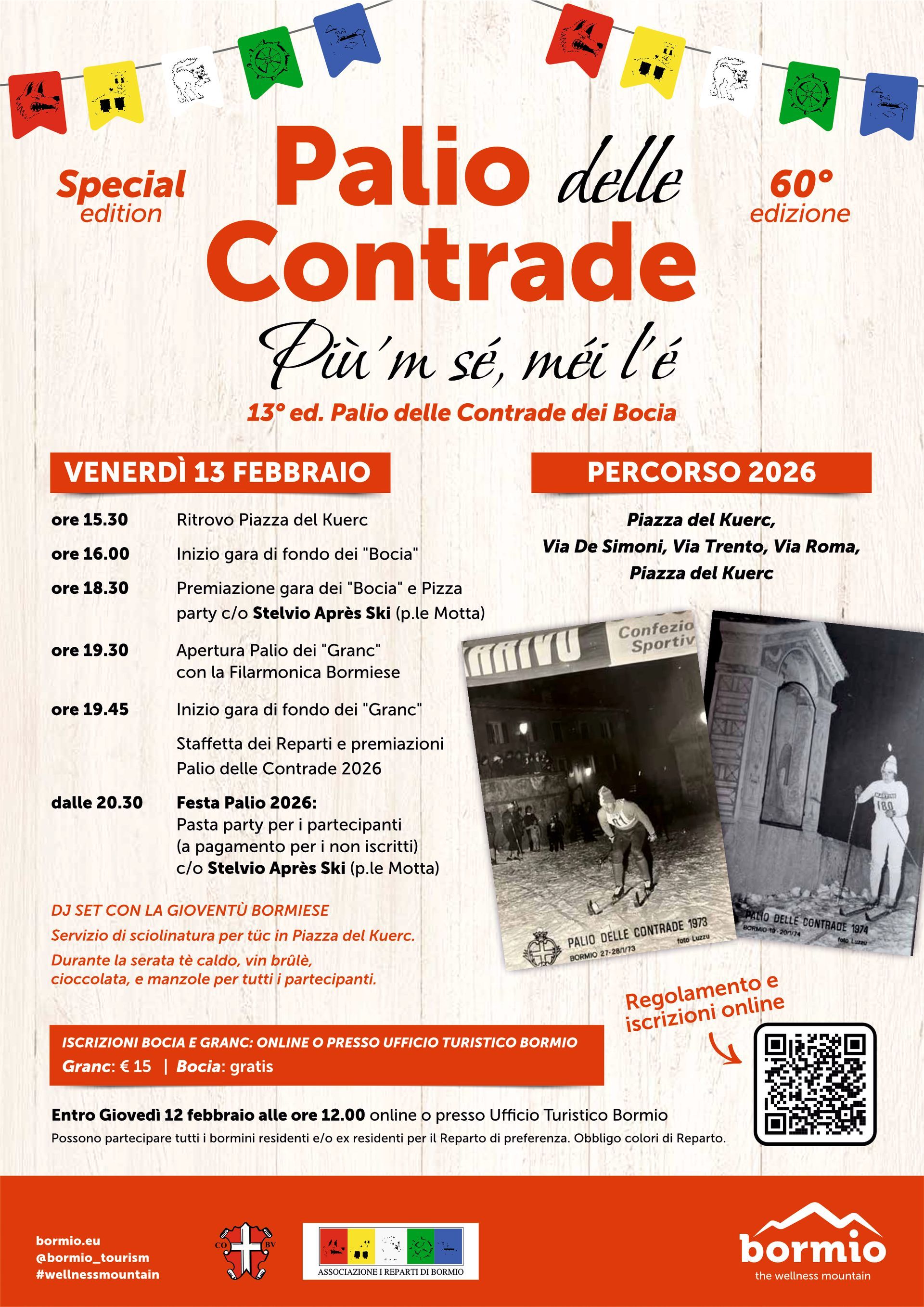 Un manifesto del palio delle contrade con sopra l'immagine di gente che scia.