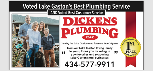 A poster for dickens plumbing shows a family and a dog
