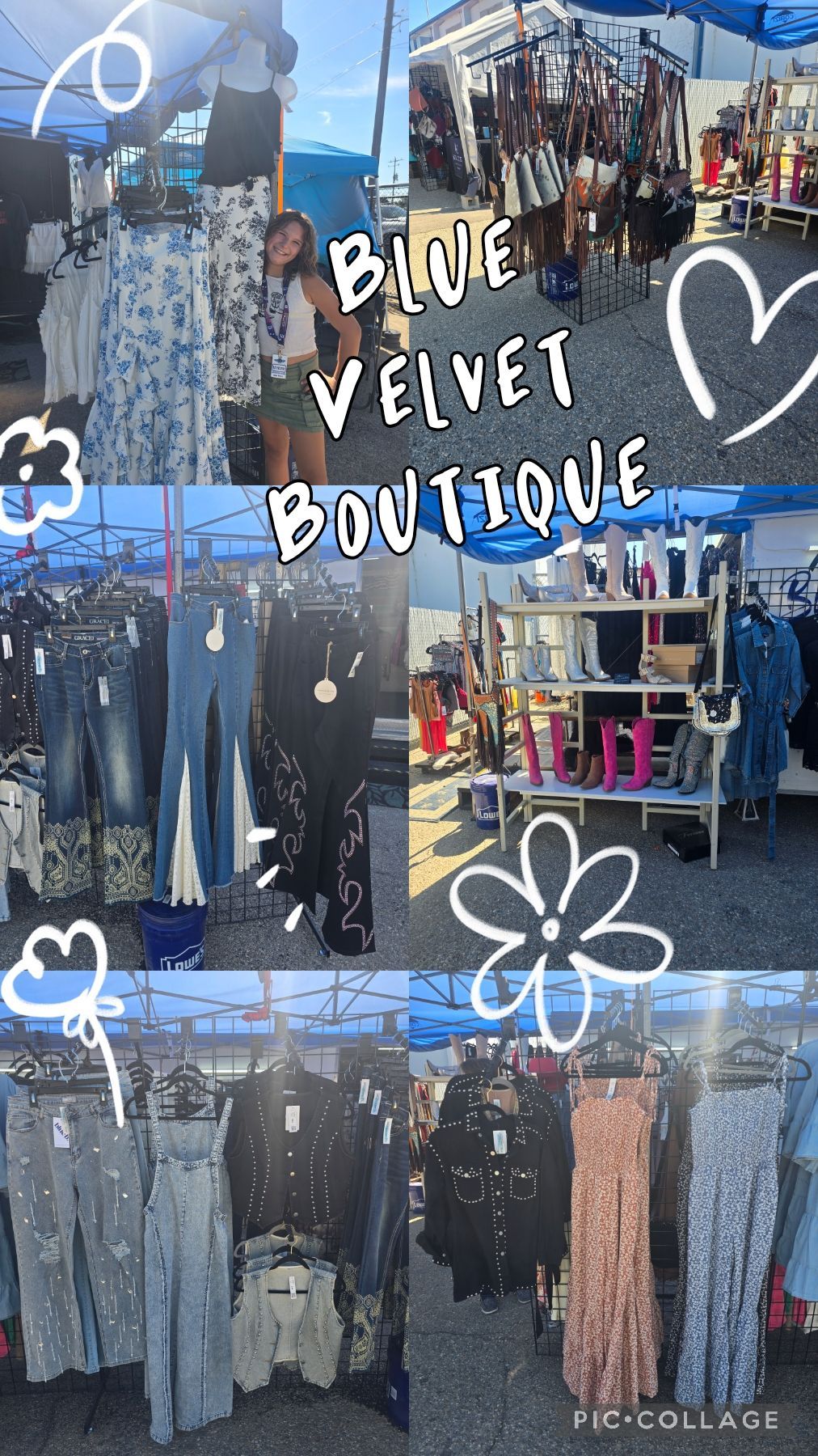 Blue Velvet Boutique display of clothing at a market; denim, dresses and a woman smiling.