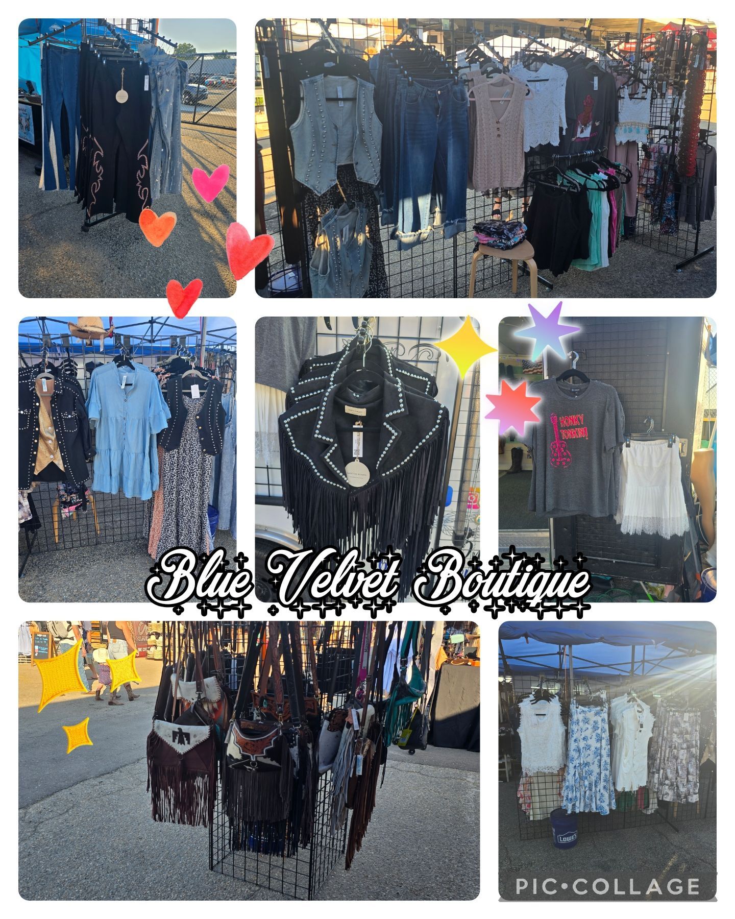Clothing racks at outdoor market, Blue Velvet Boutique sign; various clothing items for sale.