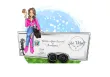 Woman on a trailer advertising Western wear. She wears pink and blue, holding ice cream.