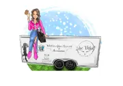 Woman on a trailer advertising Western wear. She wears pink and blue, holding ice cream.