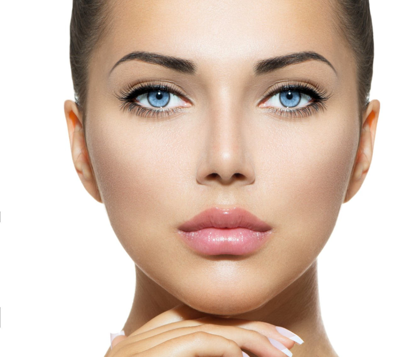 A close up of a woman 's face with blue eyes