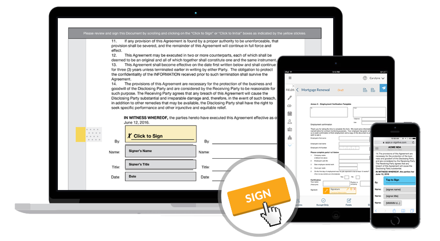 Laptop, tablet, and phone displaying a contract with a