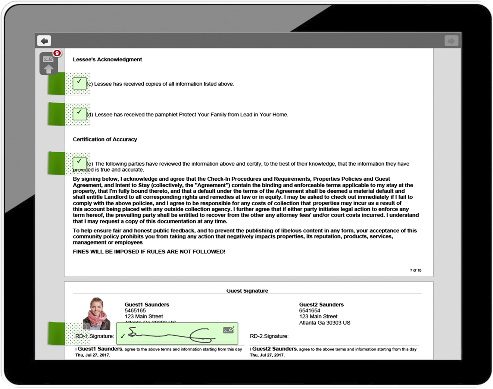 Tablet showing a signed document with green checkmarks.