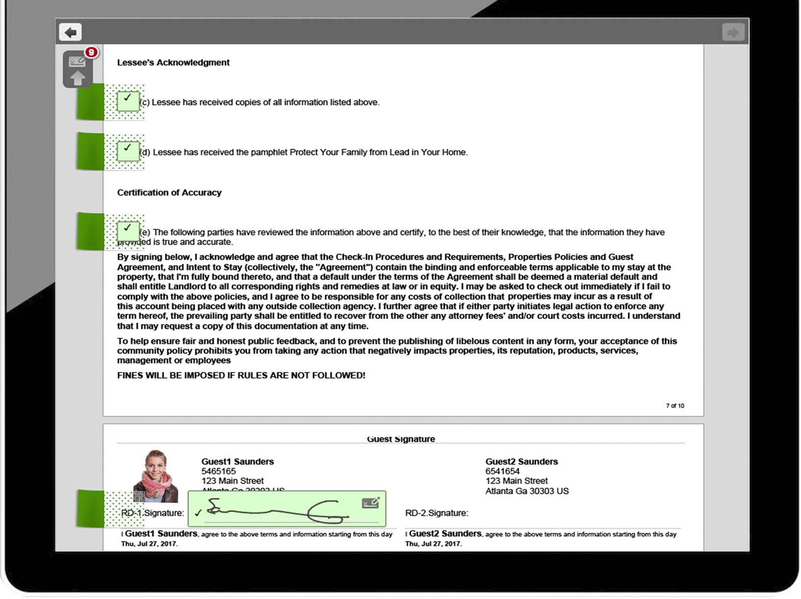 Tablet displaying a document with text and a signature. Green checkmarks and document icons are visible.