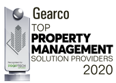 Gearco Top Property Management Solution Providers 2020 award logo; metallic trophy with stylized buildings.