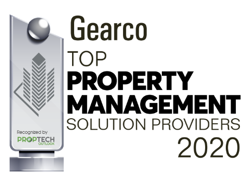 Gearco named top property management solution provider 2020. Silver trophy with building graphic.