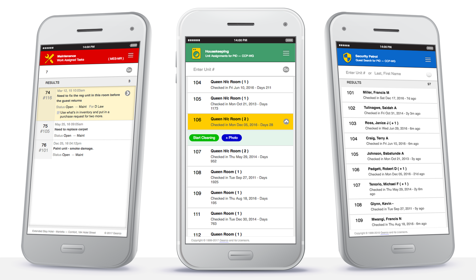 Three smartphones displaying different email inbox views with colored headers and lists.
