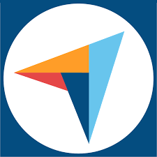 Colorful geometric arrow pointing left within a white circle, set against a blue square.