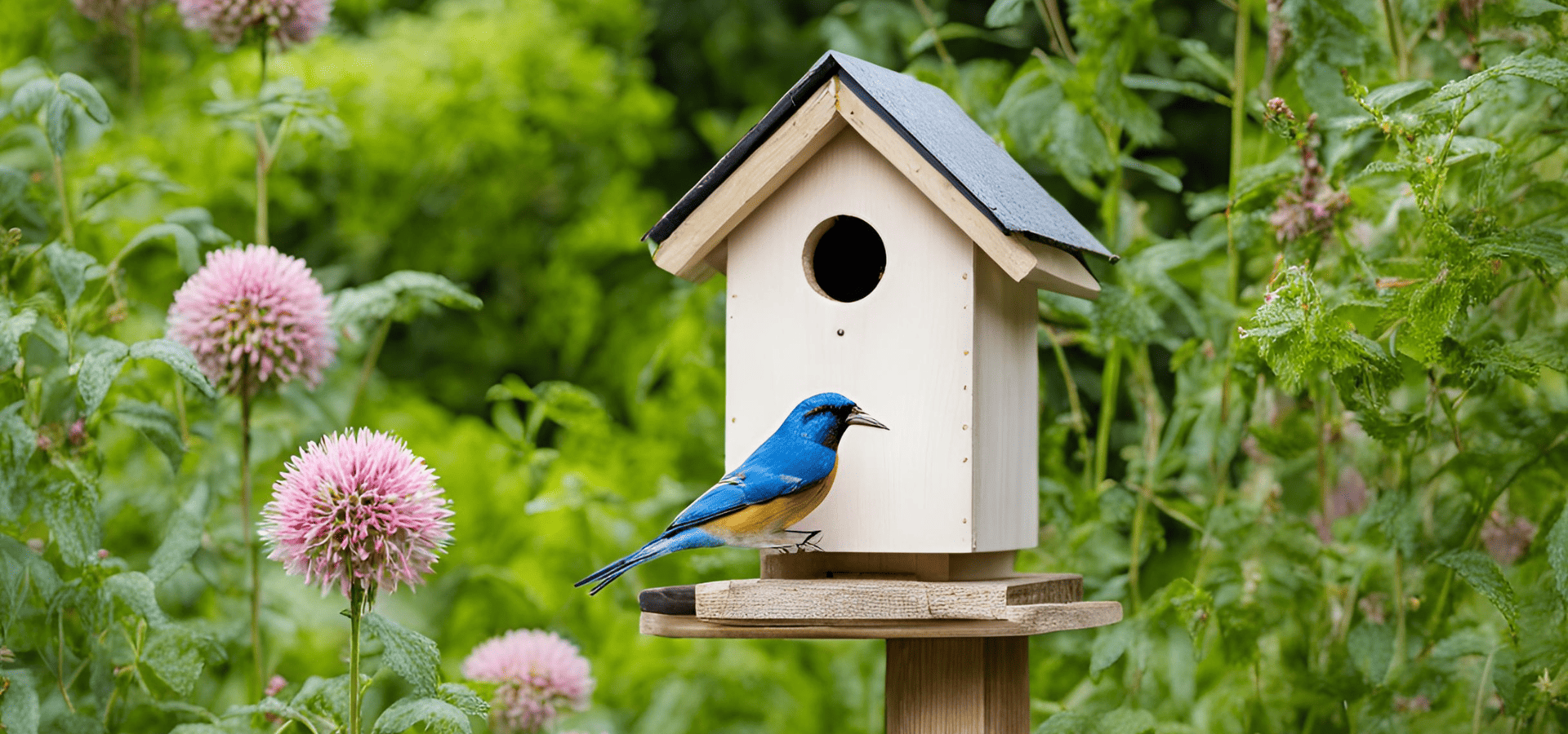 A birdhouse in a homeowner's garden with a blue and yellow bird perched on it