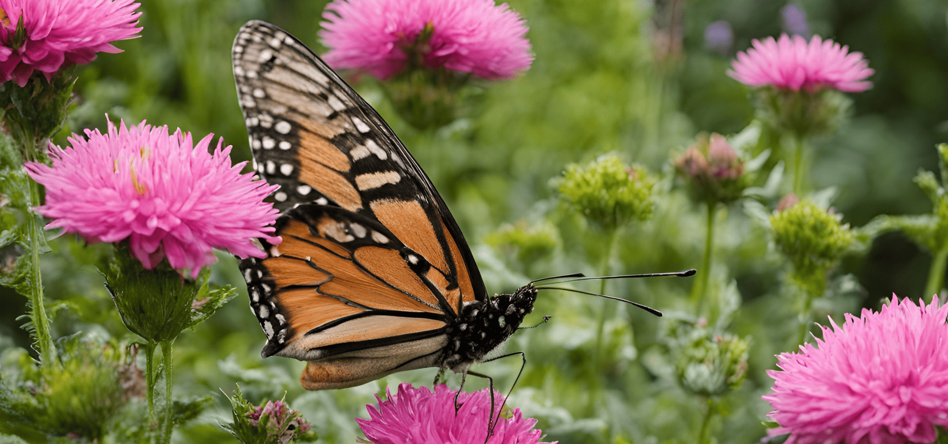 A butterfly at a pink flower taking pollen from it