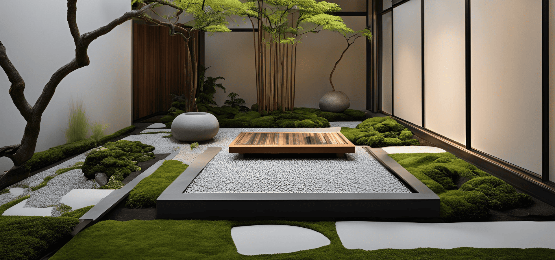 Contemporary zen garden with a wooden seat in the center for meditation