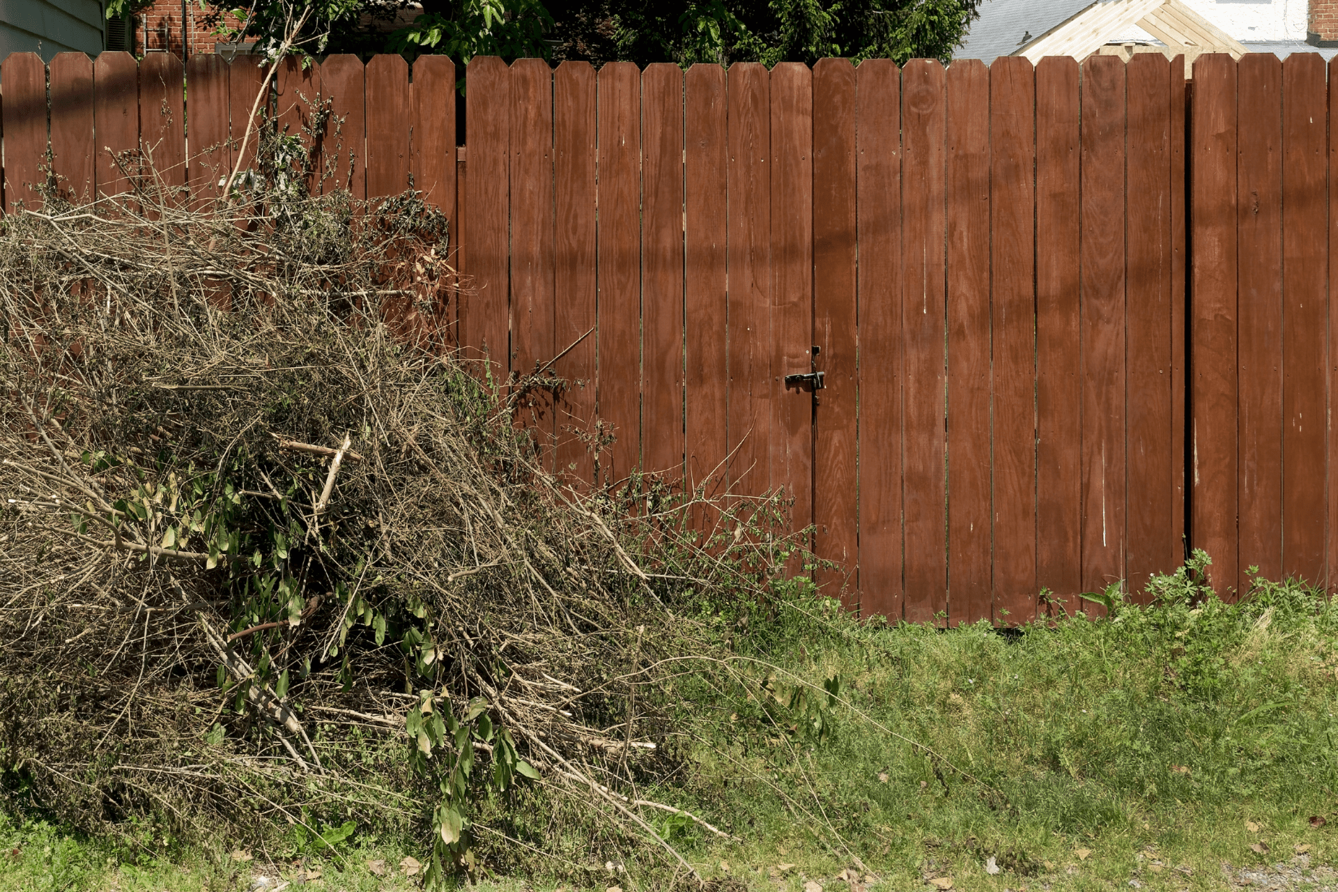 Debris from seasonal clean-up in a backyard left in a pile at the side of a brown fence