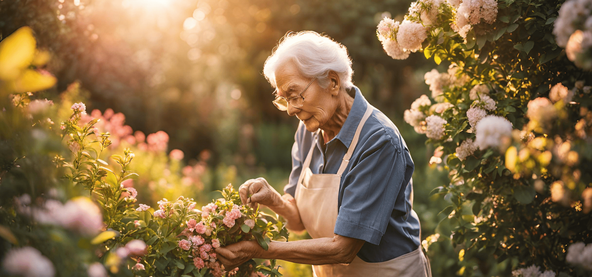 Elderly woman picking flowers from her senior-friendly garden