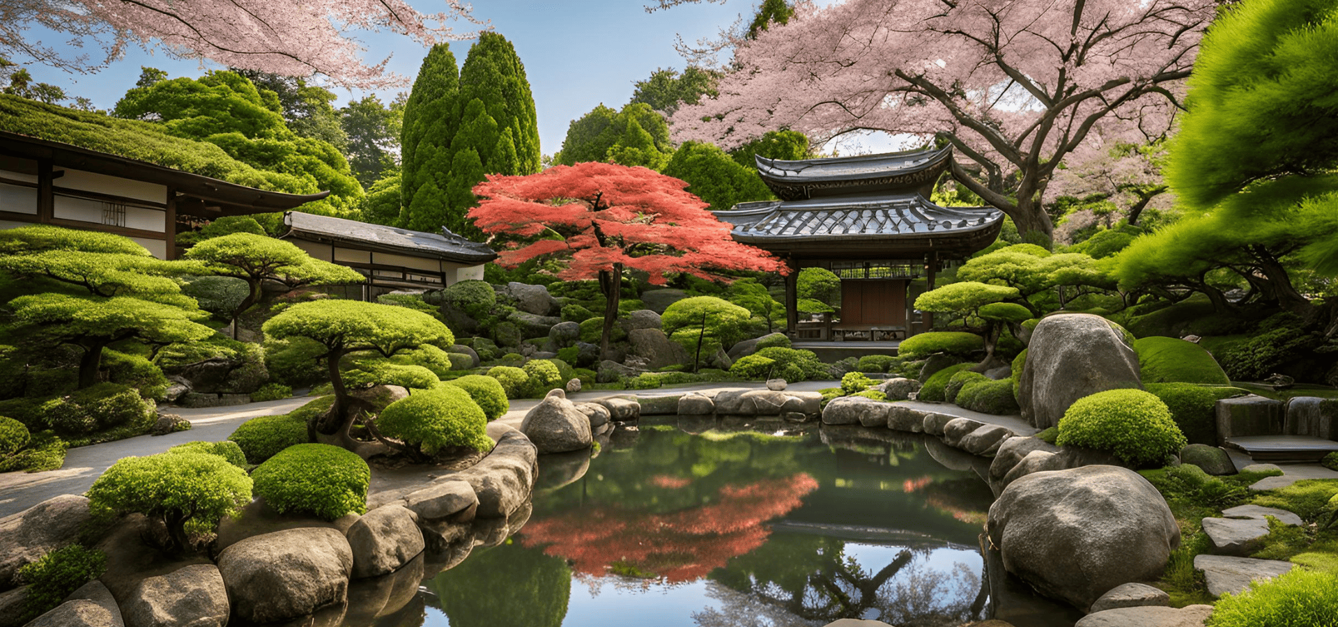 Japanese landscape with a large pond in the center