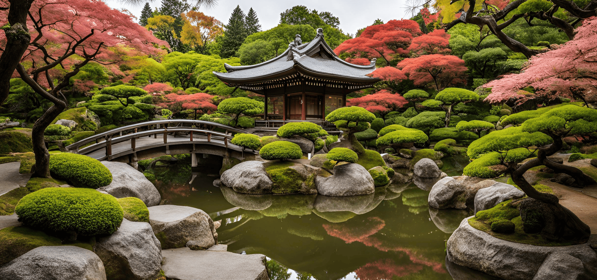 Japanese tea garden with a bridge connecting to the tea house