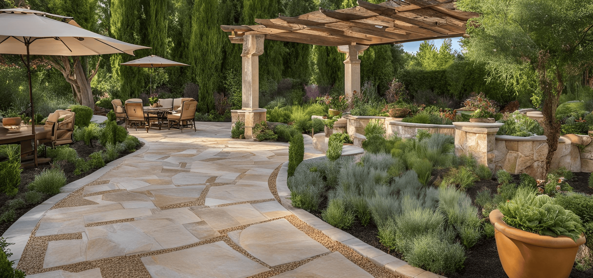 Mediterranean landscape with two seating areas and a pergola