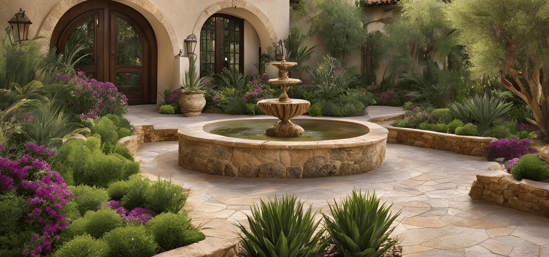 Mediterranean landscape with a fountain as the centerpiece