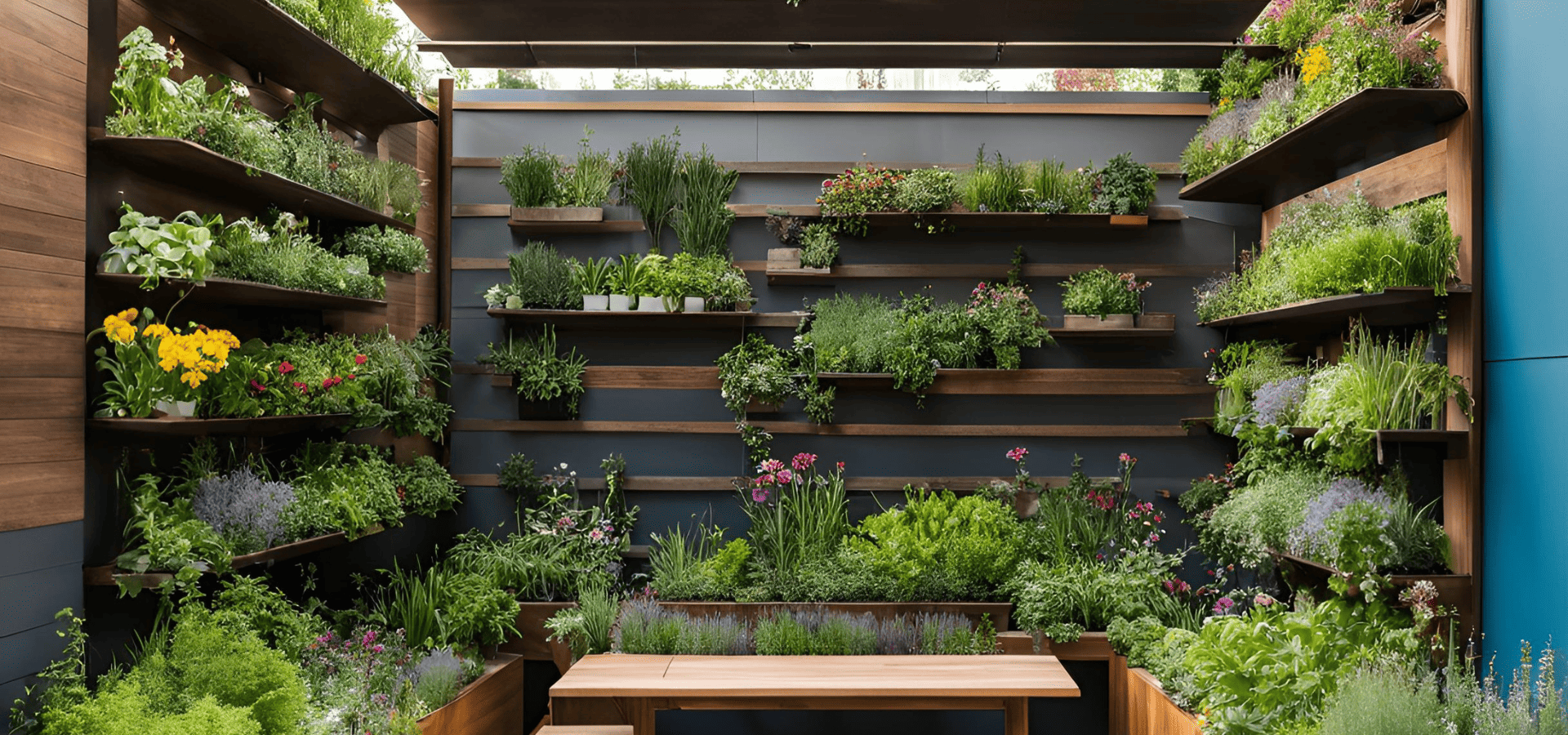 Seating area surrounded by walls of shelves of plants, mostly greens