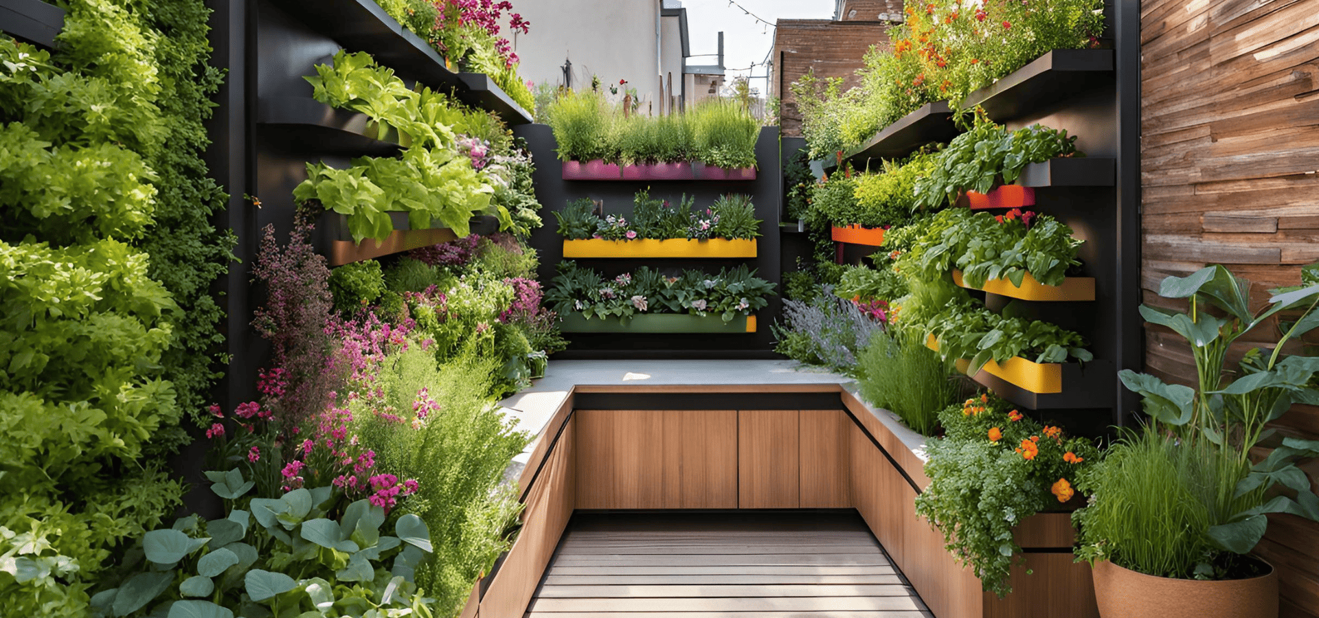 Urban modern landscape with a vertical garden and seating area with storage underneath