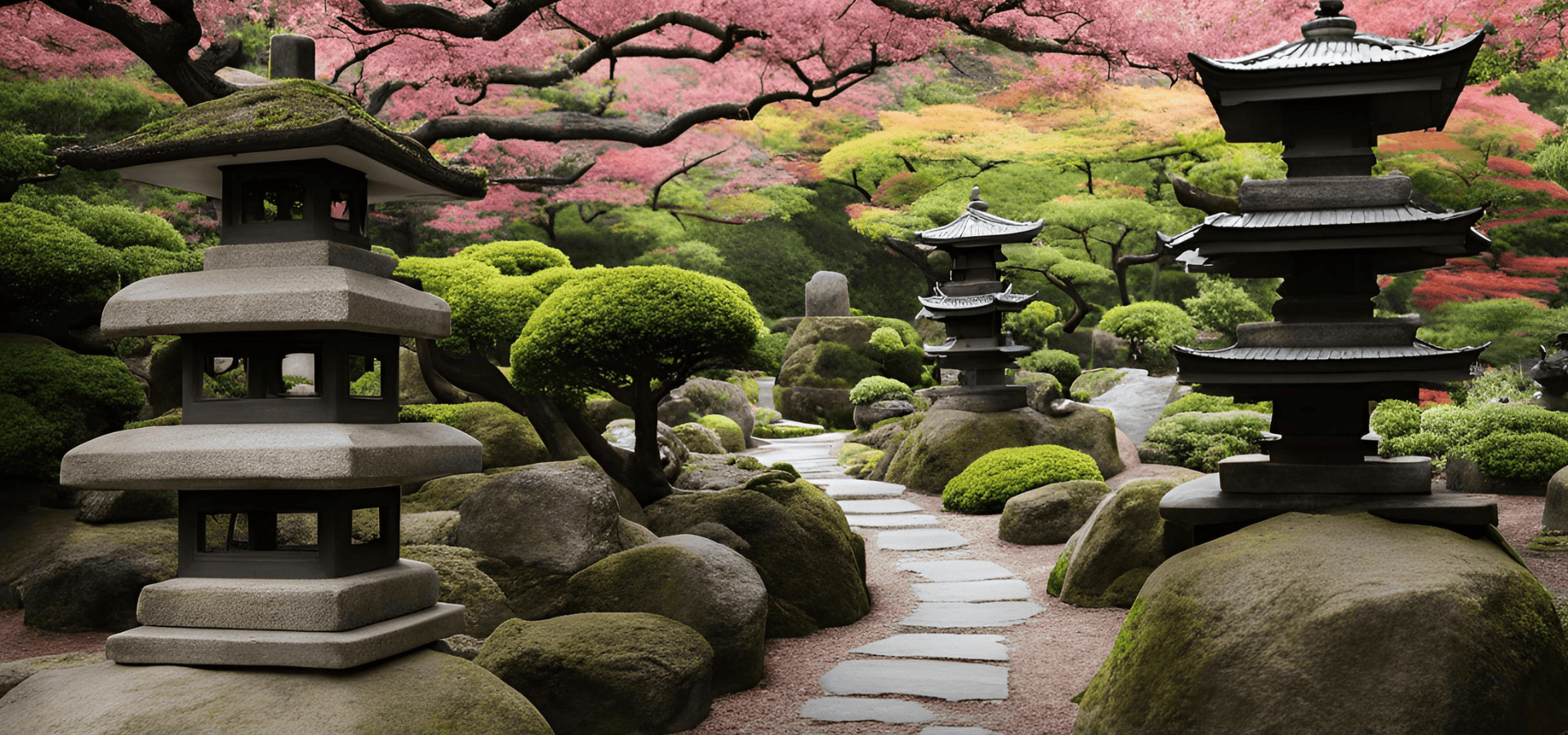 Stone lanterns in a Japanese garden with pink and green bonsai trees