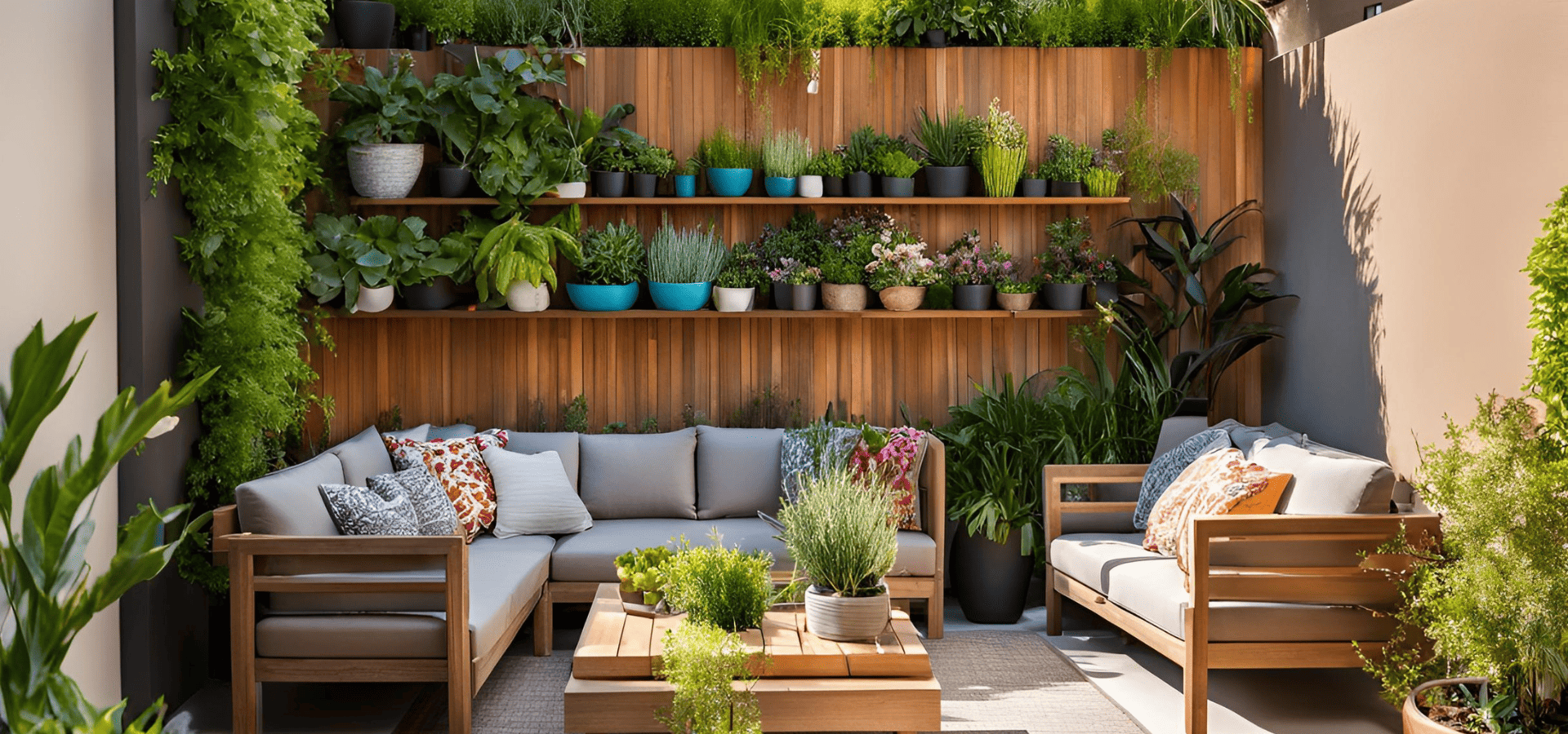 Vertical garden in a small landscape with a sofa and small table in front of it