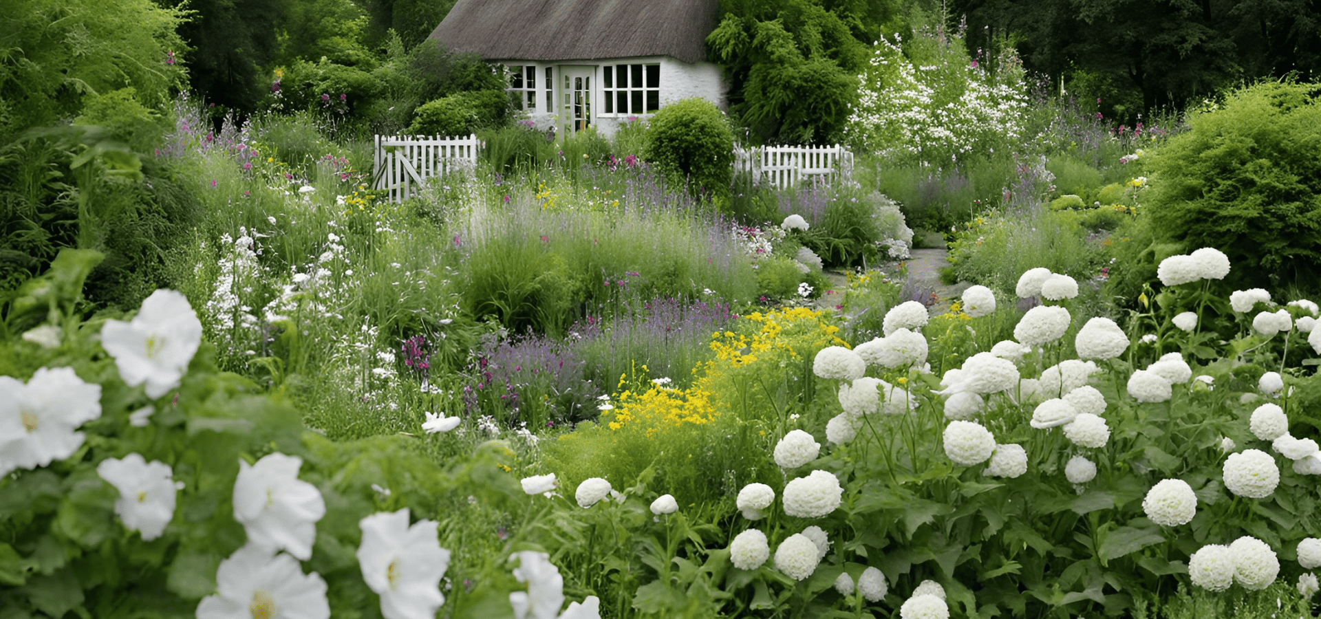 Cottage garden with various species of white flowers and just a little bit of purple and yellow flowers