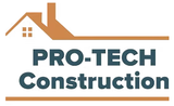 Logo for Pro-Tech Construction. It features a brown house icon above the company name in teal.