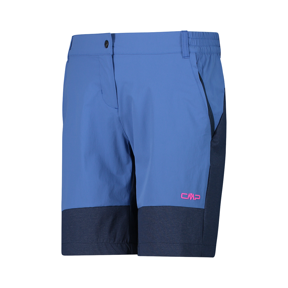 A pair of blue shorts with a pink logo on the side.