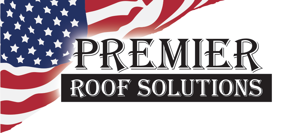 A logo for premier roof solutions with an american flag in the background.