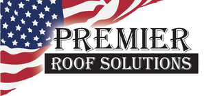 A logo for premier roof solutions with an american flag in the background.