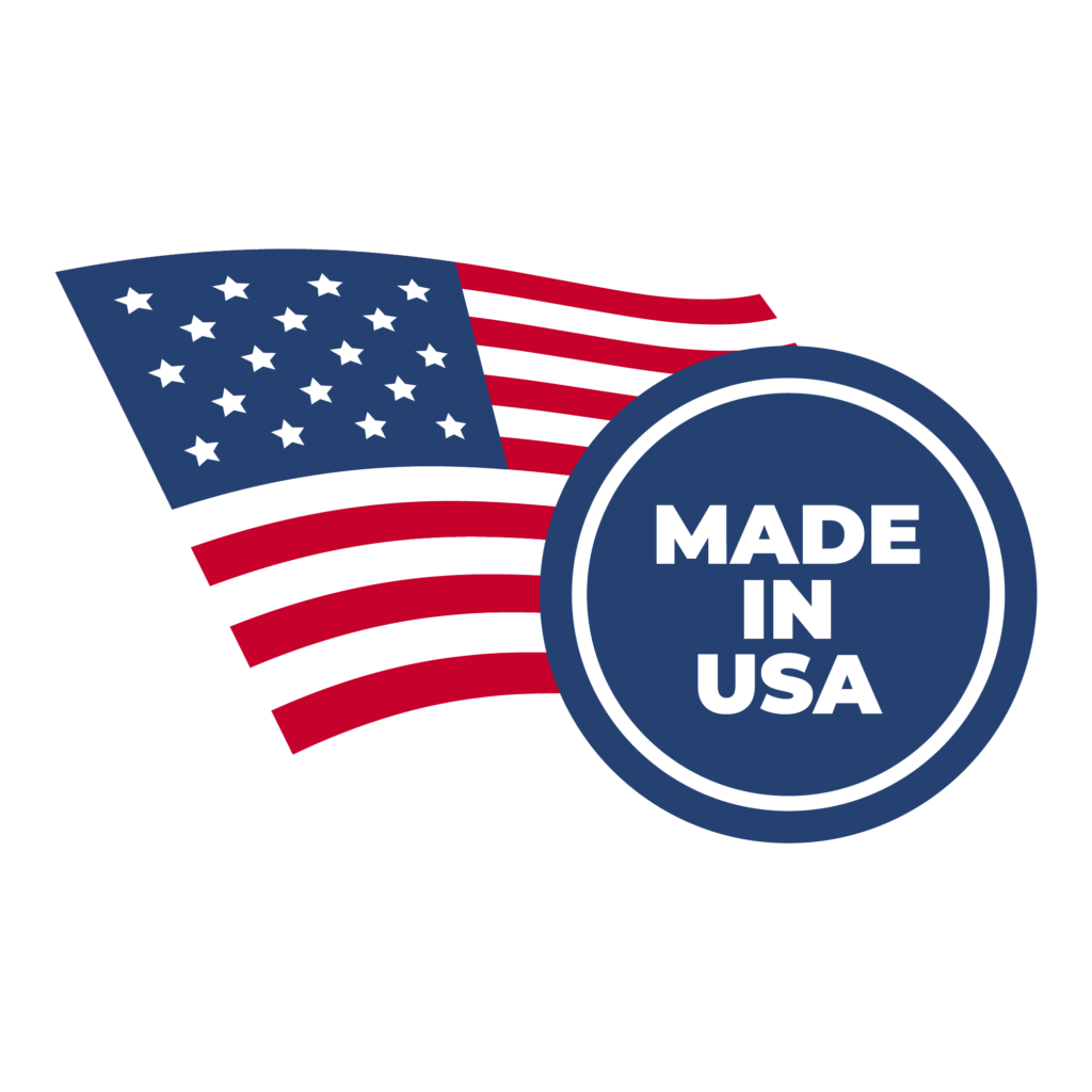 A made in usa sticker with an american flag in the background.