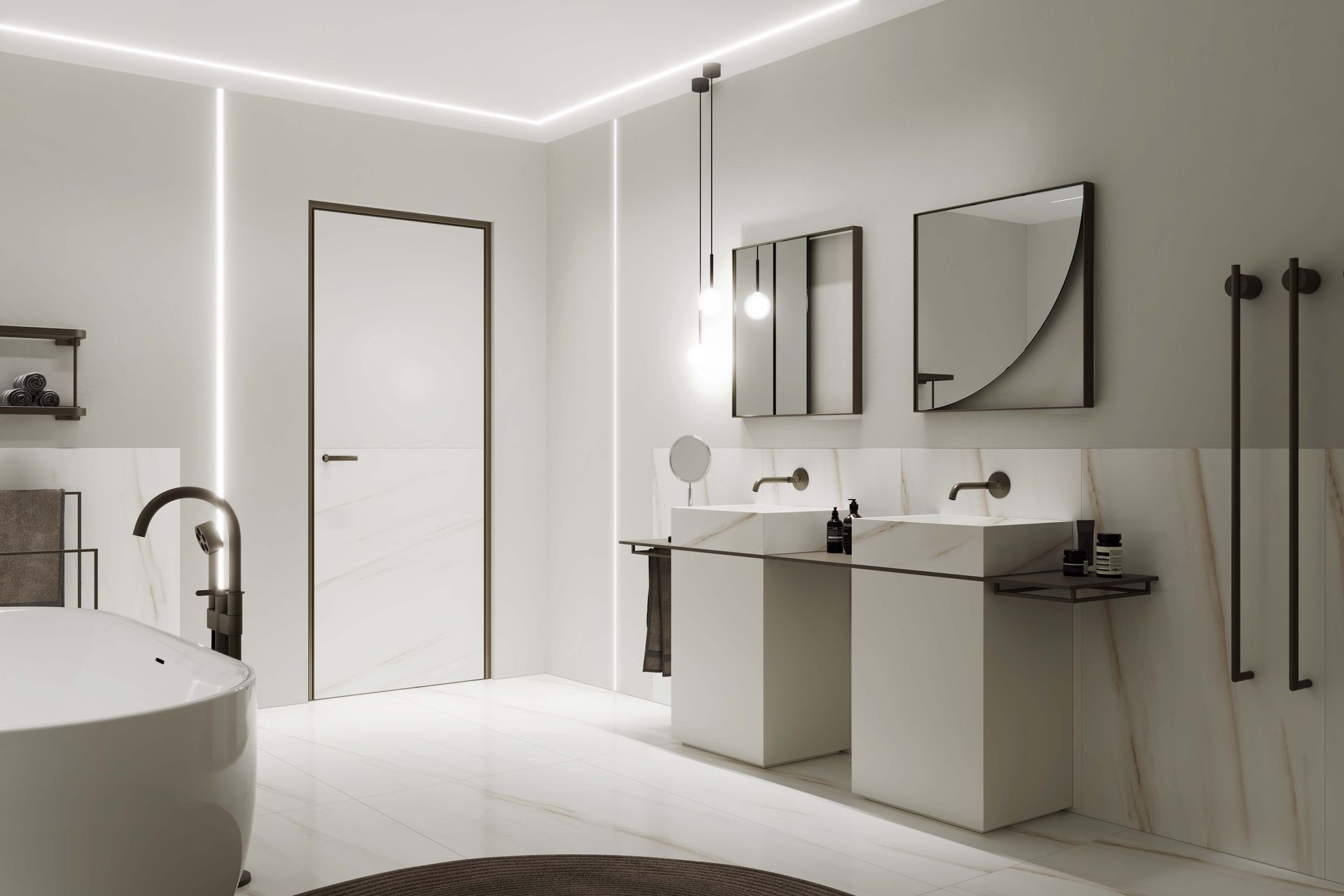 Bagno moderno, bianco, con pavimenti e pareti in marmo, doppio lavabo e vasca indipendente.