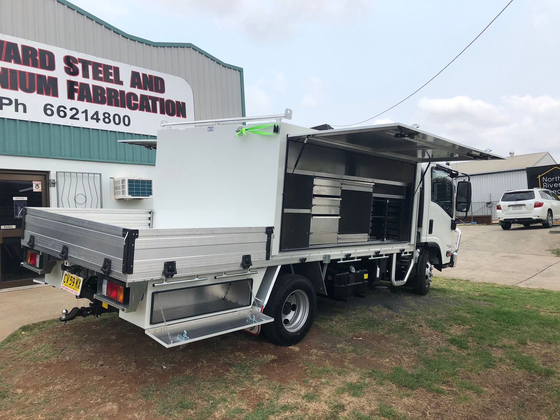 White Service Truck Parked Outside A Fabrication Shop — Soward Steel & Aluminium Fabrication in South Lismore, NSW