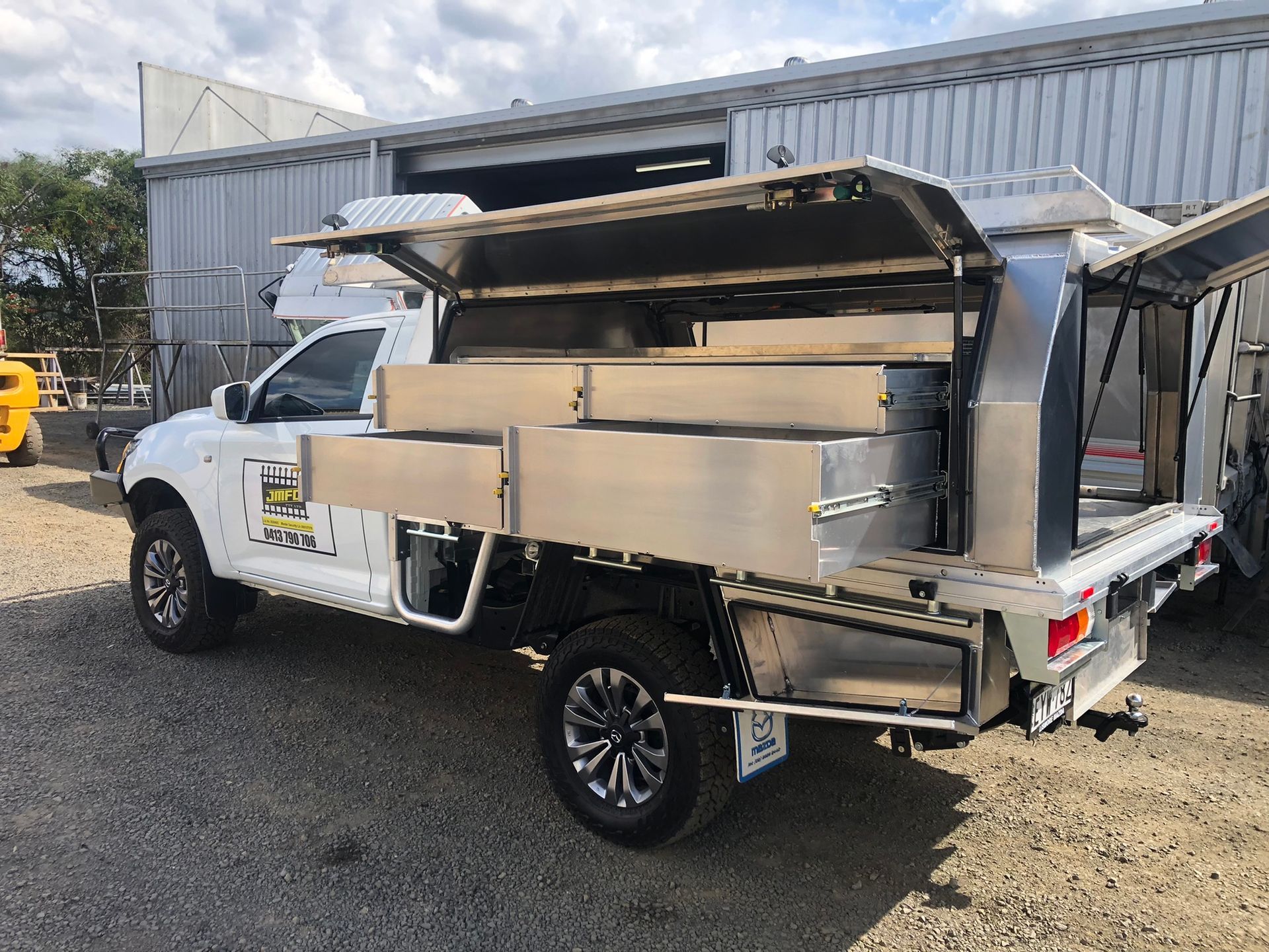 White Pickup Truck With A Custom Metal Service Body — Soward Steel & Aluminium Fabrication in South Lismore, NSW