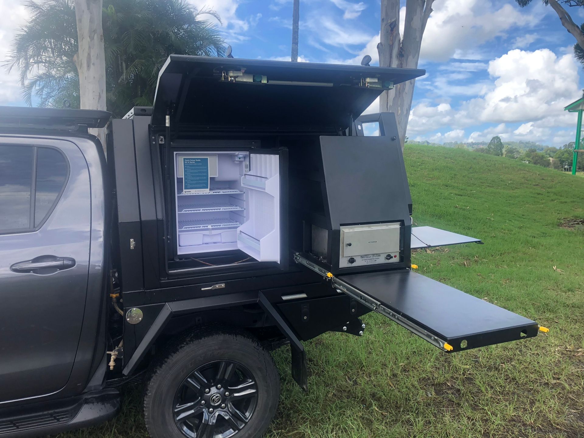 Dark Gray Truck Bed With Refrigerator, Pull-out Tray — Soward Steel & Aluminium Fabrication in Ballina, NSW