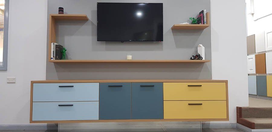 multi colored minimal living room shelving