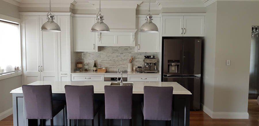 french provincial kitchen island with purple chairs