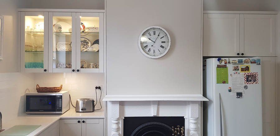 traditional kitchen with fireplace
